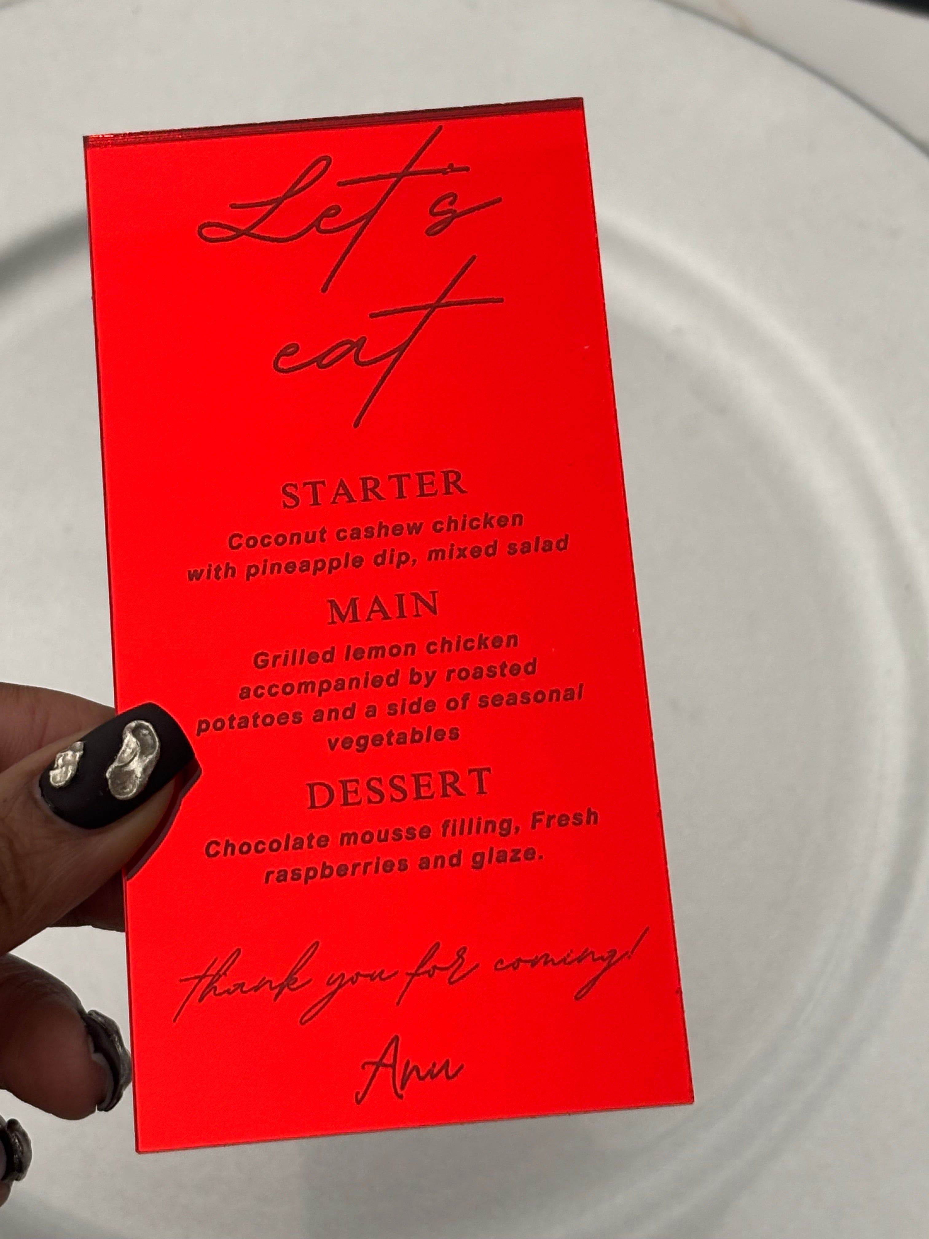 Engraved Mirror Acrylic Menu